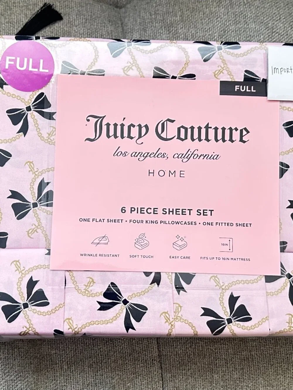 New Juicy Couture FULL 6 pc Sheet Set Pink with Black Bow Ribbons and JC